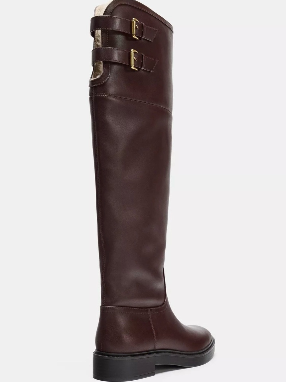 Zara NWT Brown Leather Faux Shearling Double Buckle Riding Boots 8 - Picture 3 of 15